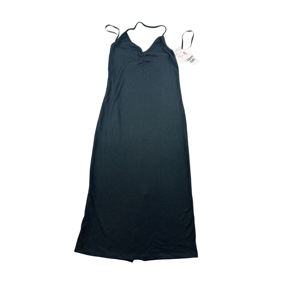 Open Edit Dress Women S Black Ribbed Halter V-Neck Ruched‎ Back Slit Sleeveless